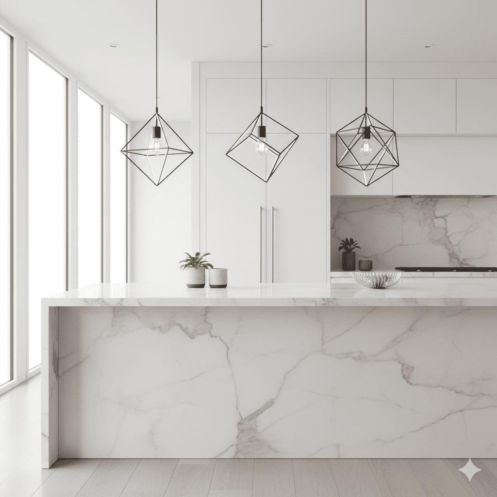 Contemporary pendant lights over kitchen island