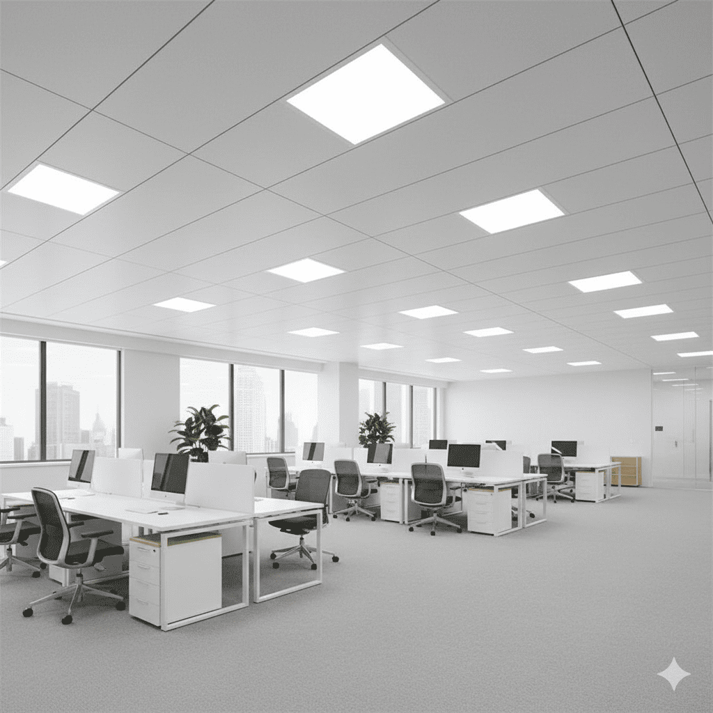 LED panel ceiling lights in modern office